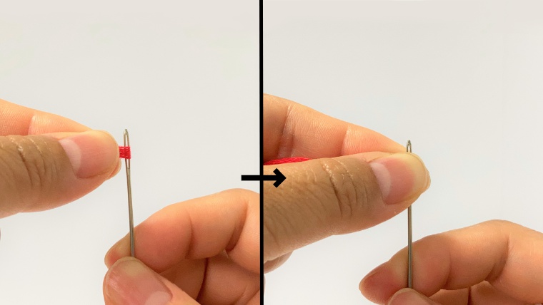 １　針の頭に糸をかけ、糸の輪の部分が平らになるよう指で押さえる