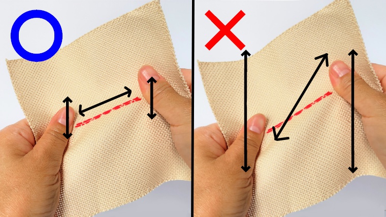 糸こきする時に、布を伸ばす方向